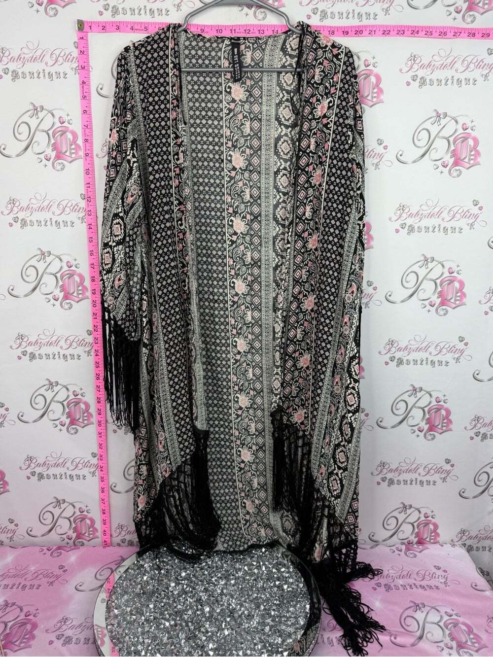 Lord & Taylor cardigan Black Kimono Cardigan with Pink Floral Accents